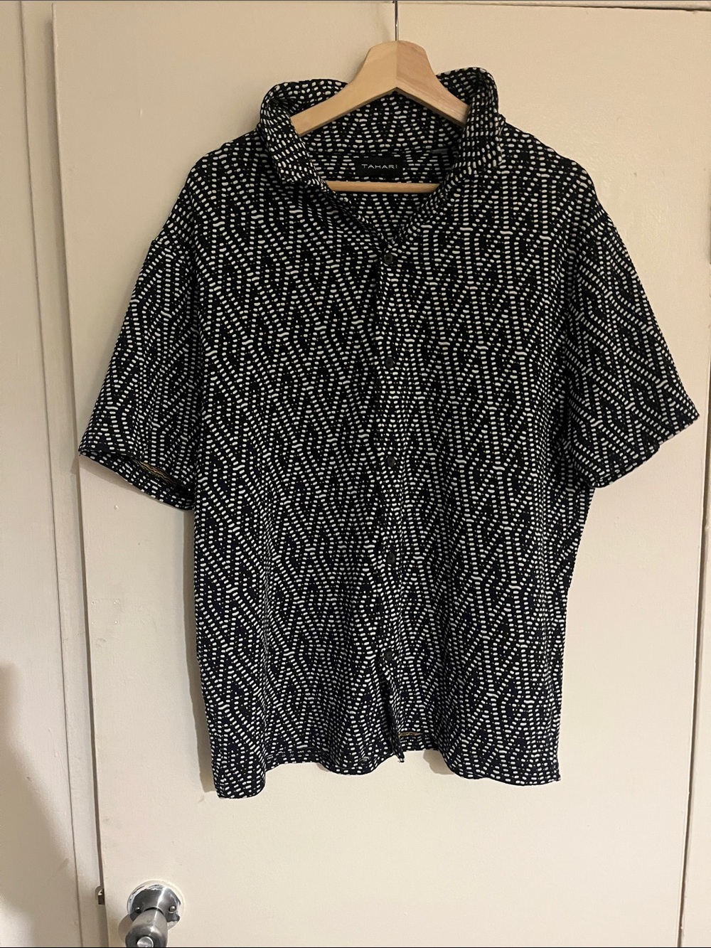 Tahari Black & White Short-Sleeve Button Down Shirt with Geometric Dot Pattern